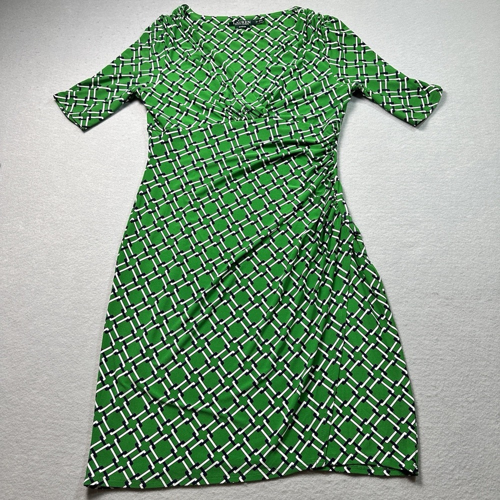 Lauren Ralph Lauren Ruched Sheath Dress Green Geometric Chain Print Womens 12